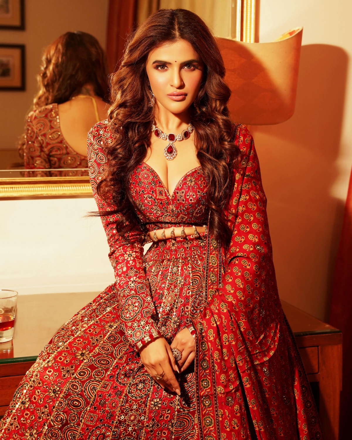 Manasi Pawar in Red Ajrakh Embroidered Lehenga Set