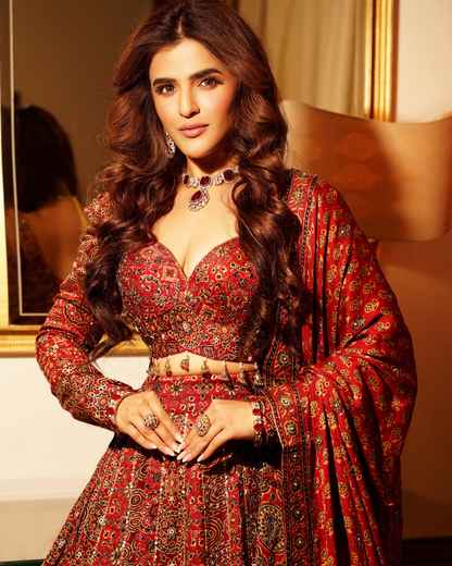 Manasi Pawar in Red Ajrakh Embroidered Lehenga Set