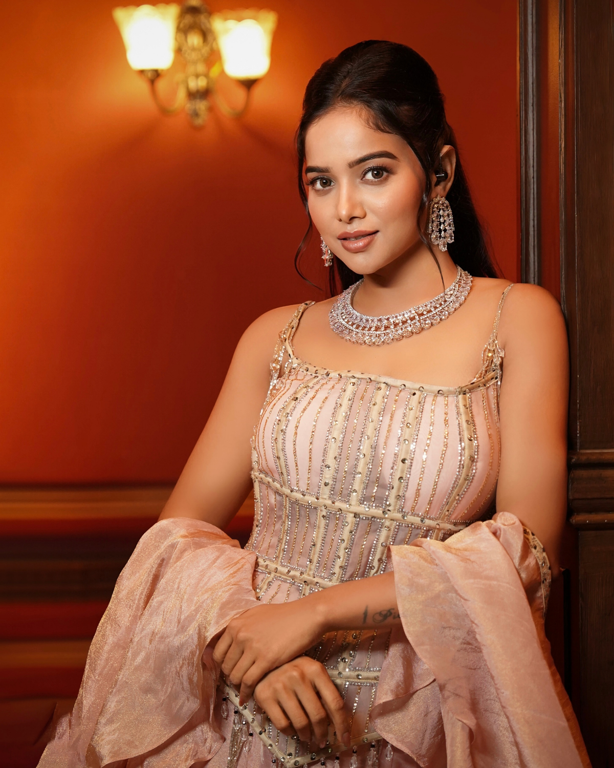 Manisha Rani in Peach Corset Top with Flared Skirt