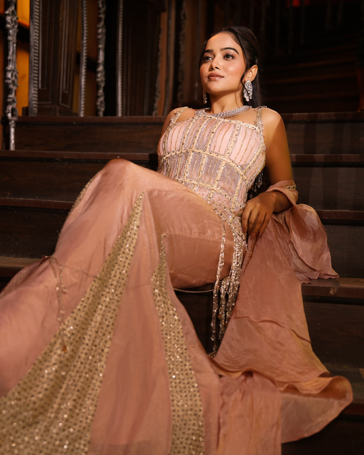 Manisha Rani in Peach Corset Top with Flared Skirt