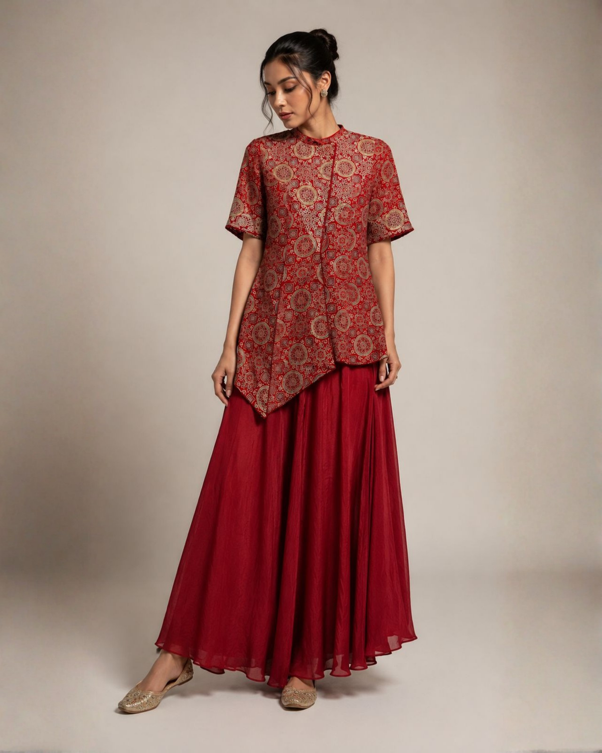 Maroon Printed Asymmetric Kurta with Draped Palazzo Set