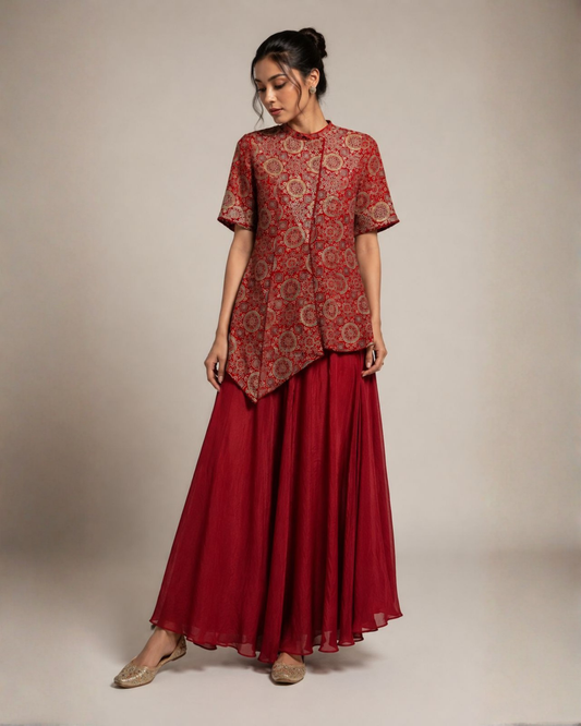 Maroon Printed Asymmetric Kurta with Draped Palazzo Set