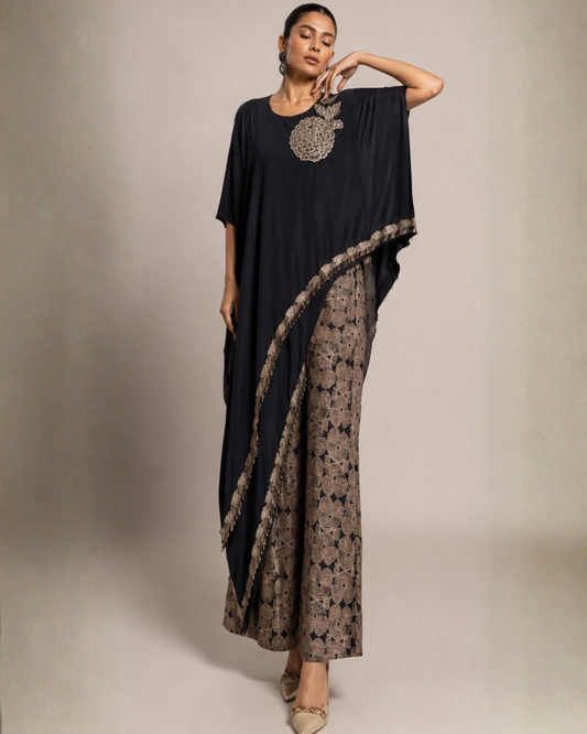 Midnight Black Embroidered Kaftan Co-Ord Set