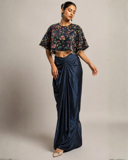 Midnight Bloom Printed Cape Top with Draped Skirt Co-ord Set