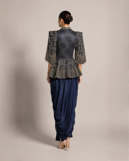 Midnight Blue Draped Dhoti Co-Ord Set with Embroidered Cape Sleeves