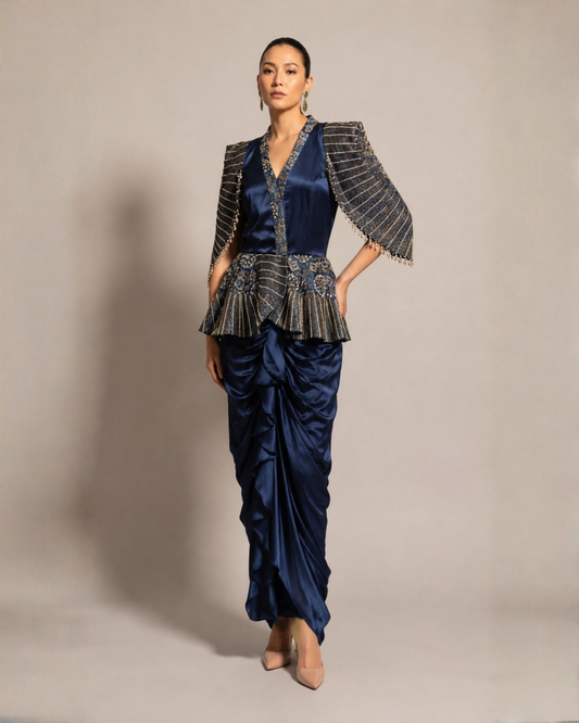 Midnight Blue Draped Dhoti Co-Ord Set with Embroidered Cape Sleeves