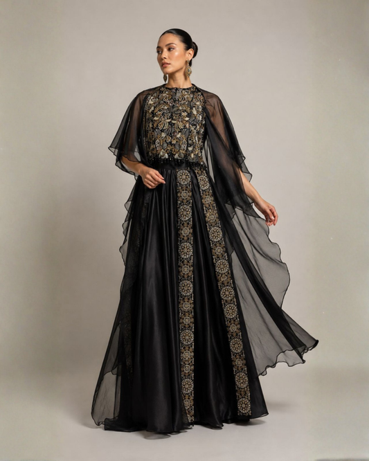 Midnight Noir Embellished Cape Gown