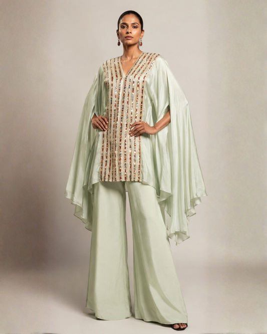 Mint Green Embroidered Cape Co-Ord Set