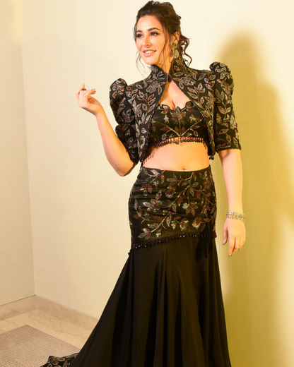Nargis Fakhri in Black Embellished Jacket Fish Cut Lehenga Set