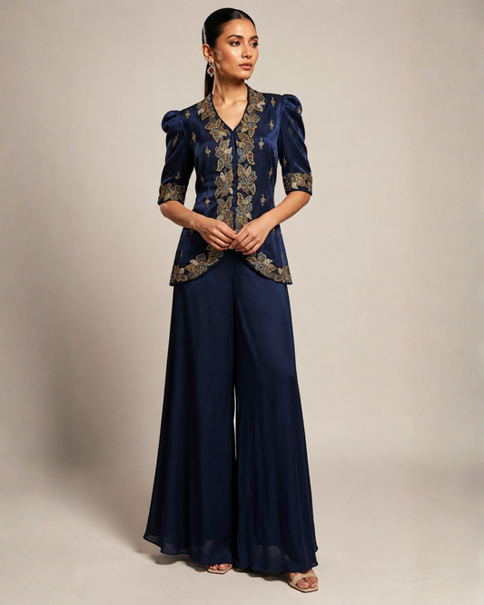 Navy Blue Embroidered Jacket & Flared Palazzo Set