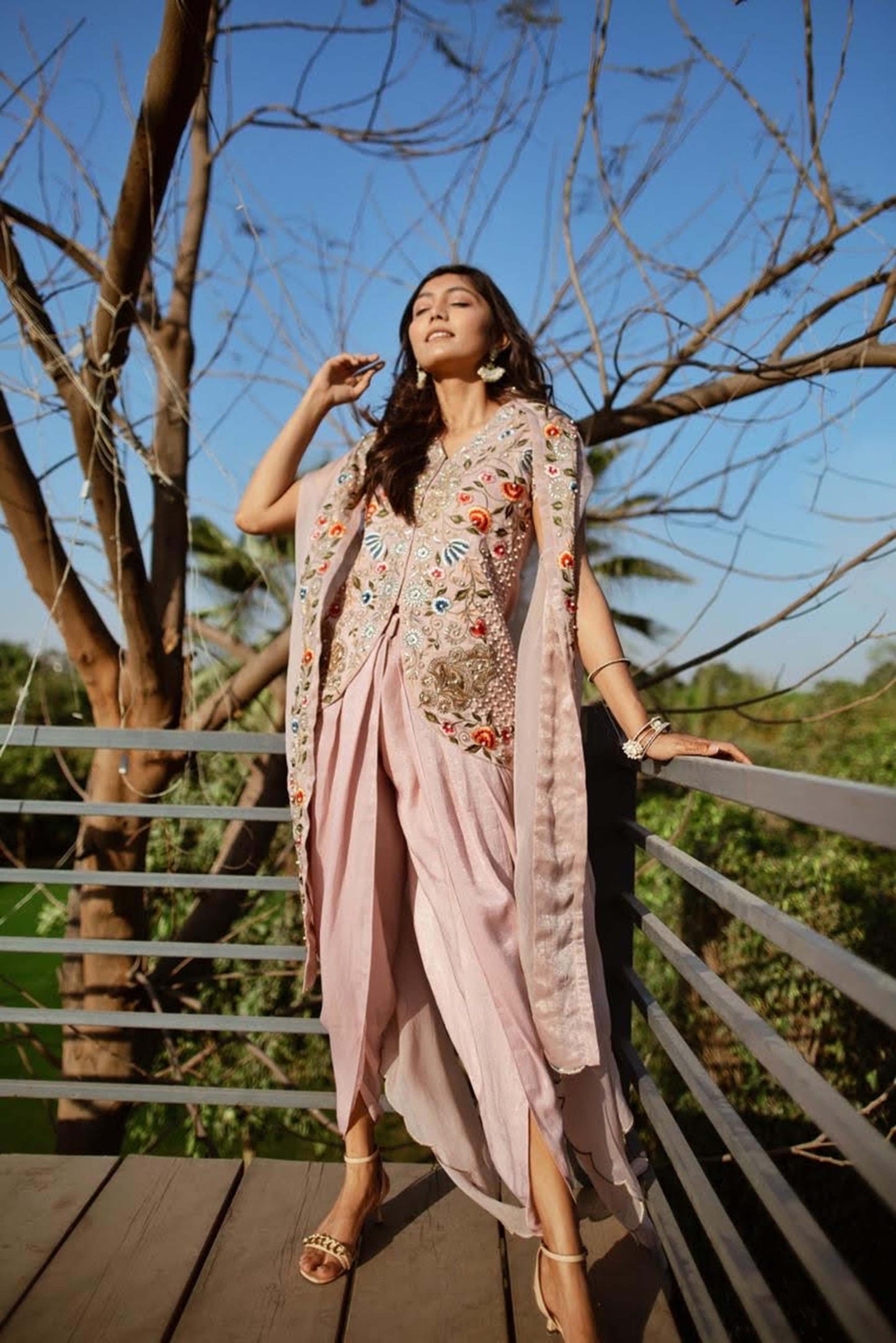 Shrishti Agarwal in Pink Embroidered Top & Dhoti Set with Cape