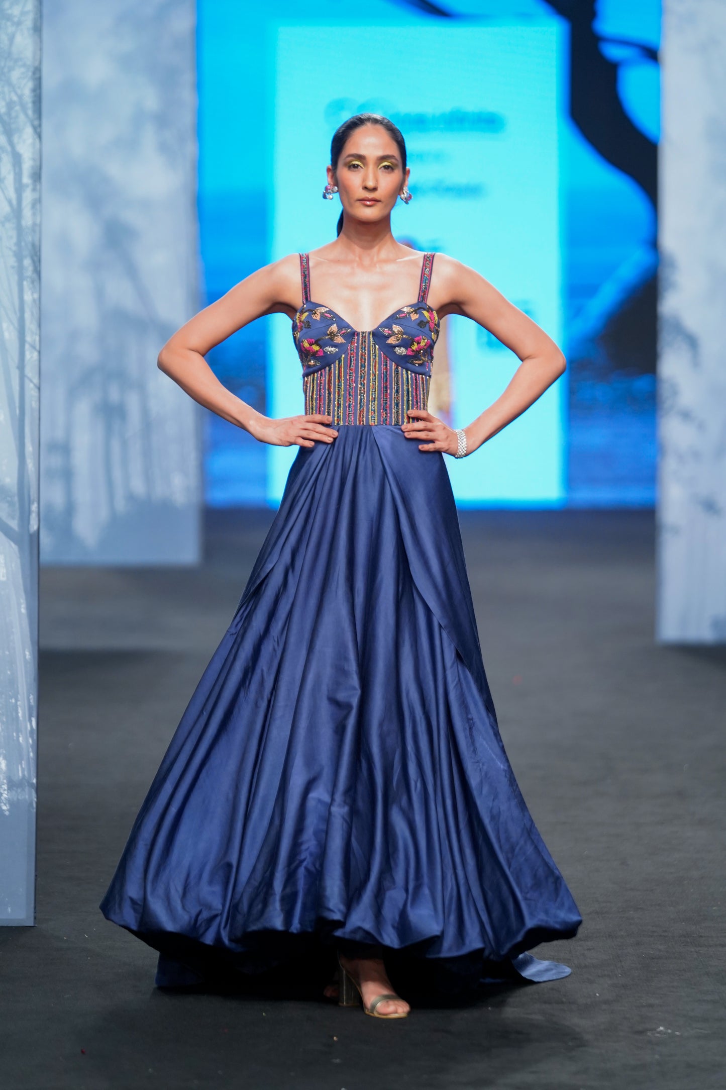 Blue Gajji Silk Embellished Yoke Draped Gown