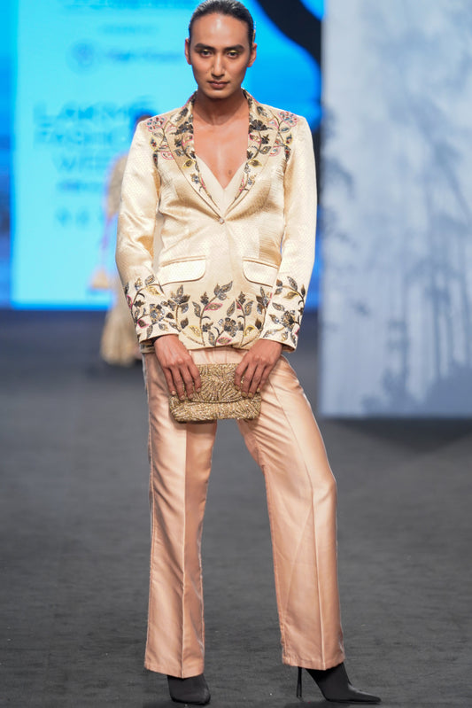 Beige Gajji Silk Embellished Blazer Pant Set