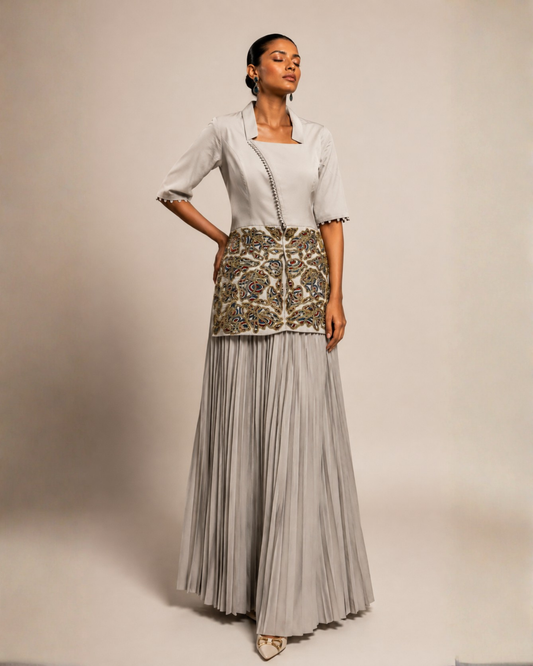 Pearl Grey Embroidered Peplum Top with Pleated Palazzo Set