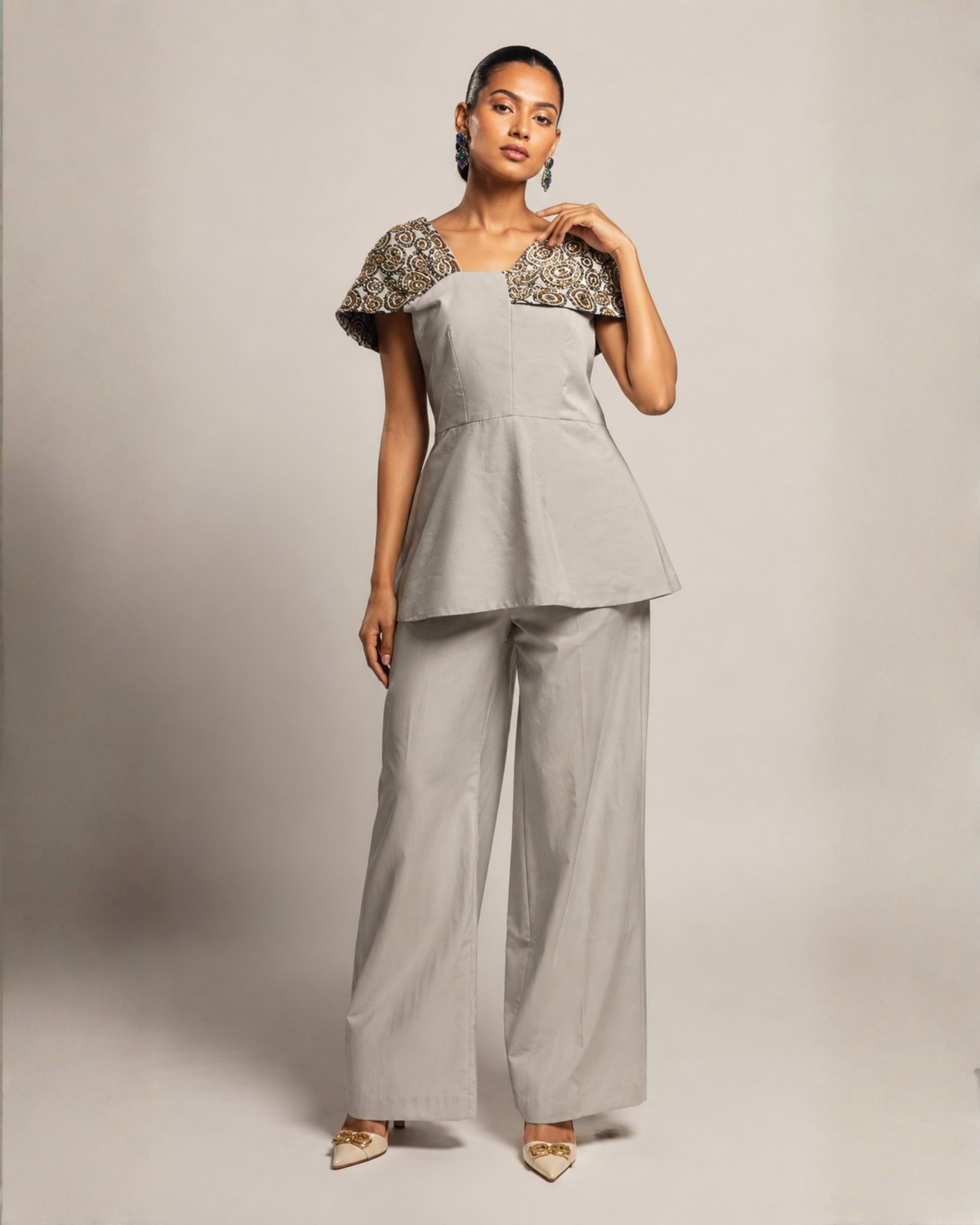 Pearl Grey Peplum Top with Wide-Leg Pants Co-Ord Set