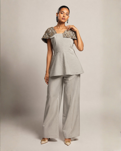 Pearl Grey Peplum Top with Wide-Leg Pants Co-Ord Set