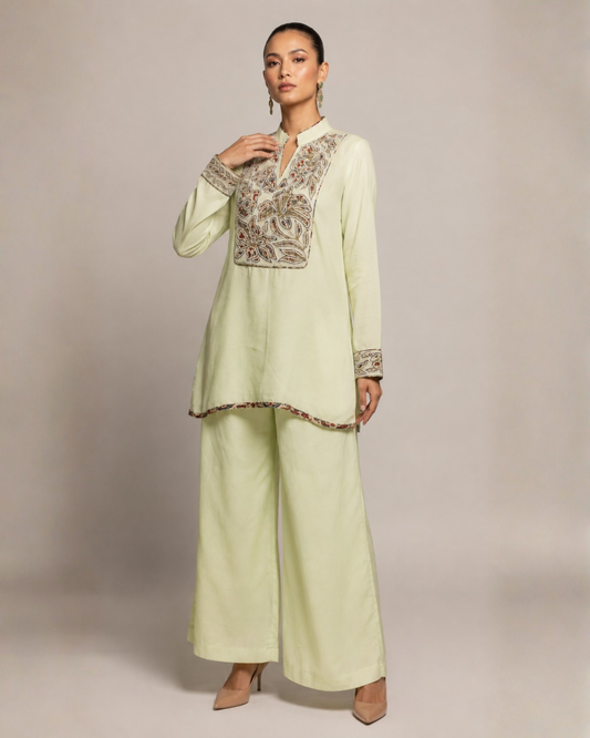 Pistachio Green Embroidered Kurta with Wide-Leg Pants Co-ord Set