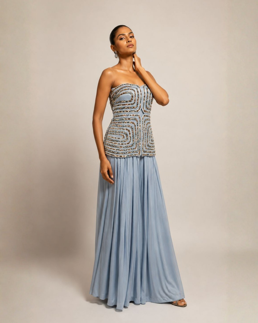 Powder Blue Embellished Corset Top with Flowy Palazzo Pants