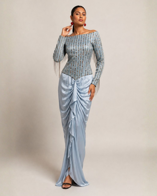 Powder Blue Off-Shoulder Embellished Draped Dress