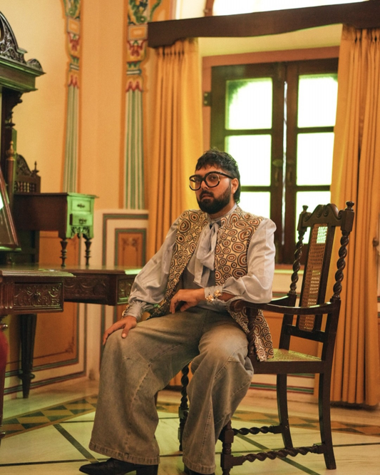 Pranay Jaitly in Ajrakh Embroidered Sleeveless Nehru Jacket