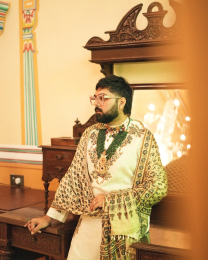 Pranay Jaitly in Ivory Ajrakh Embroidered Kurta Set with Stole