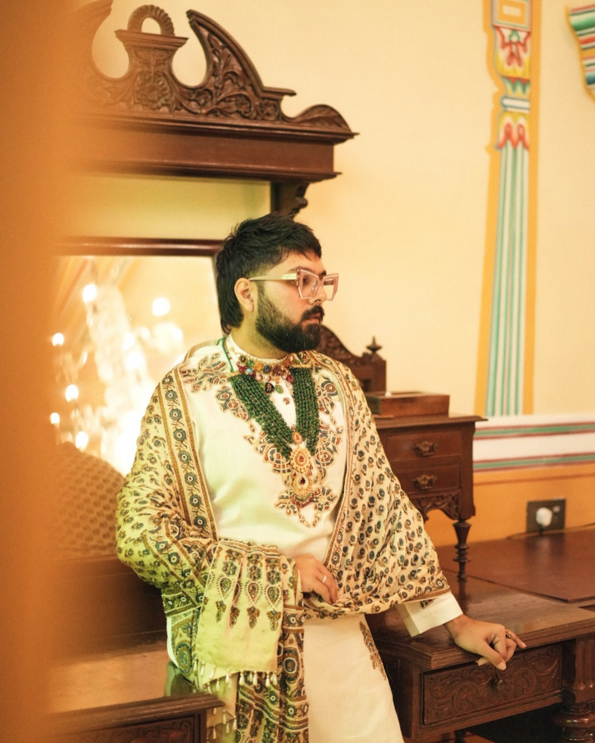 Pranay Jaitly in Ivory Ajrakh Embroidered Kurta Set with Stole