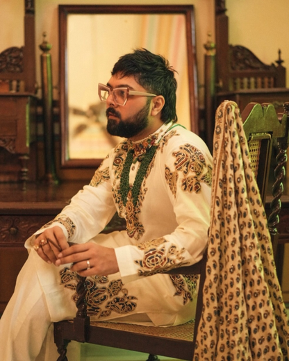 Pranay Jaitly in Ivory Ajrakh Embroidered Kurta Set with Stole