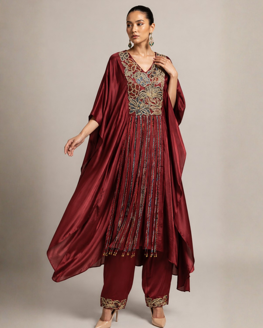 Ruby Red Embroidered Kaftan with Draped Palazzo Set