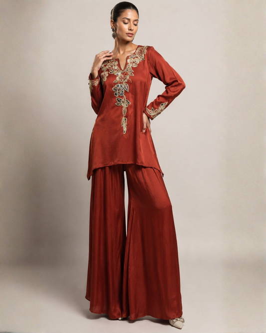 Rust Embroidered Kurta with Wide Leg Palazzo Set