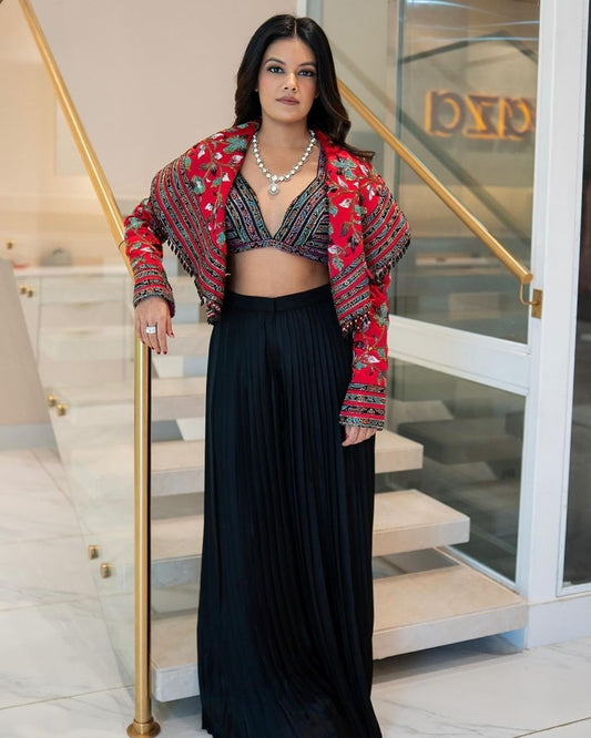 Shalva Shah in Black Leaf Embellished Cape Pant Set