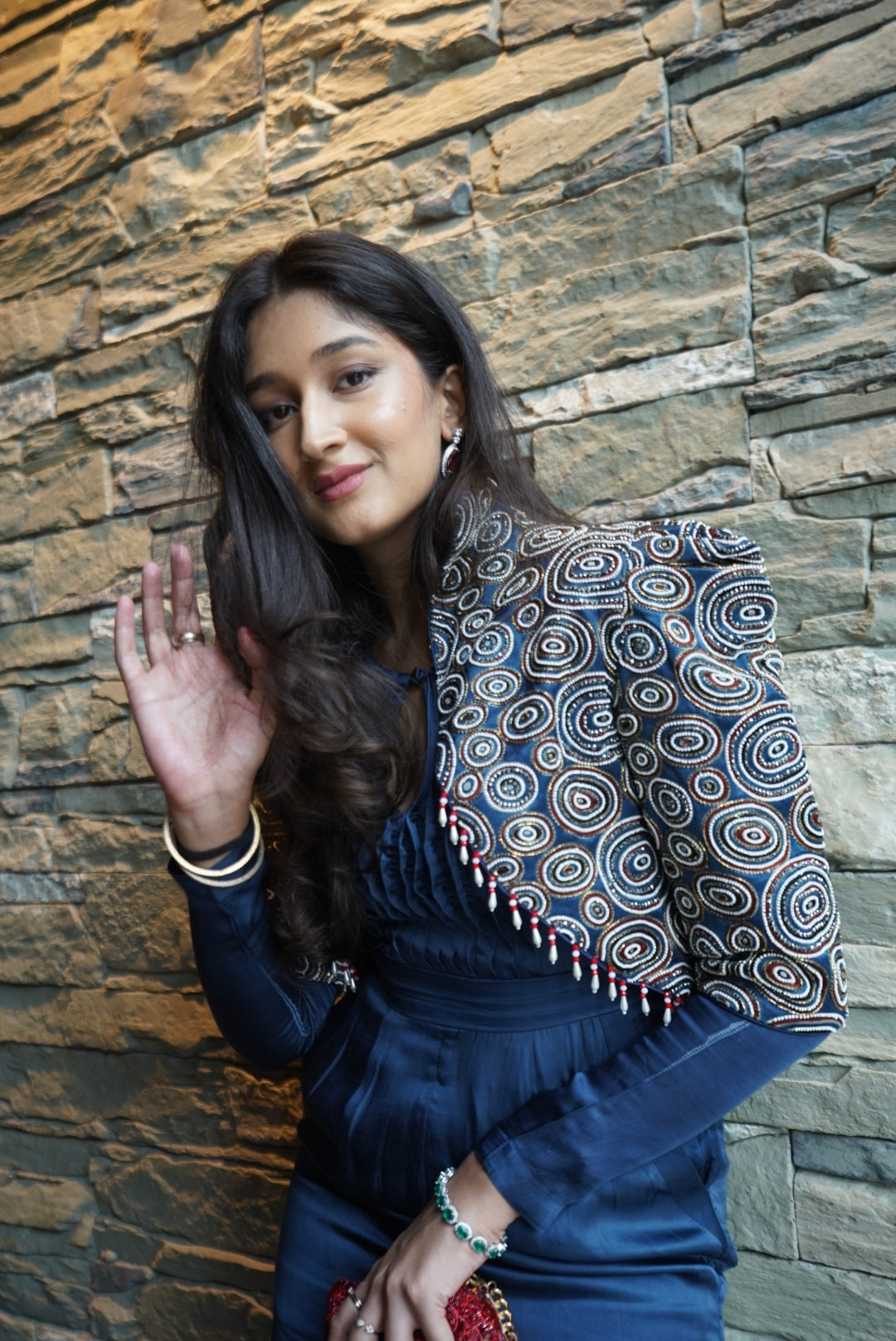 Seher Datta in Blue Jumpsuit with Embellished Ajrakh jacket