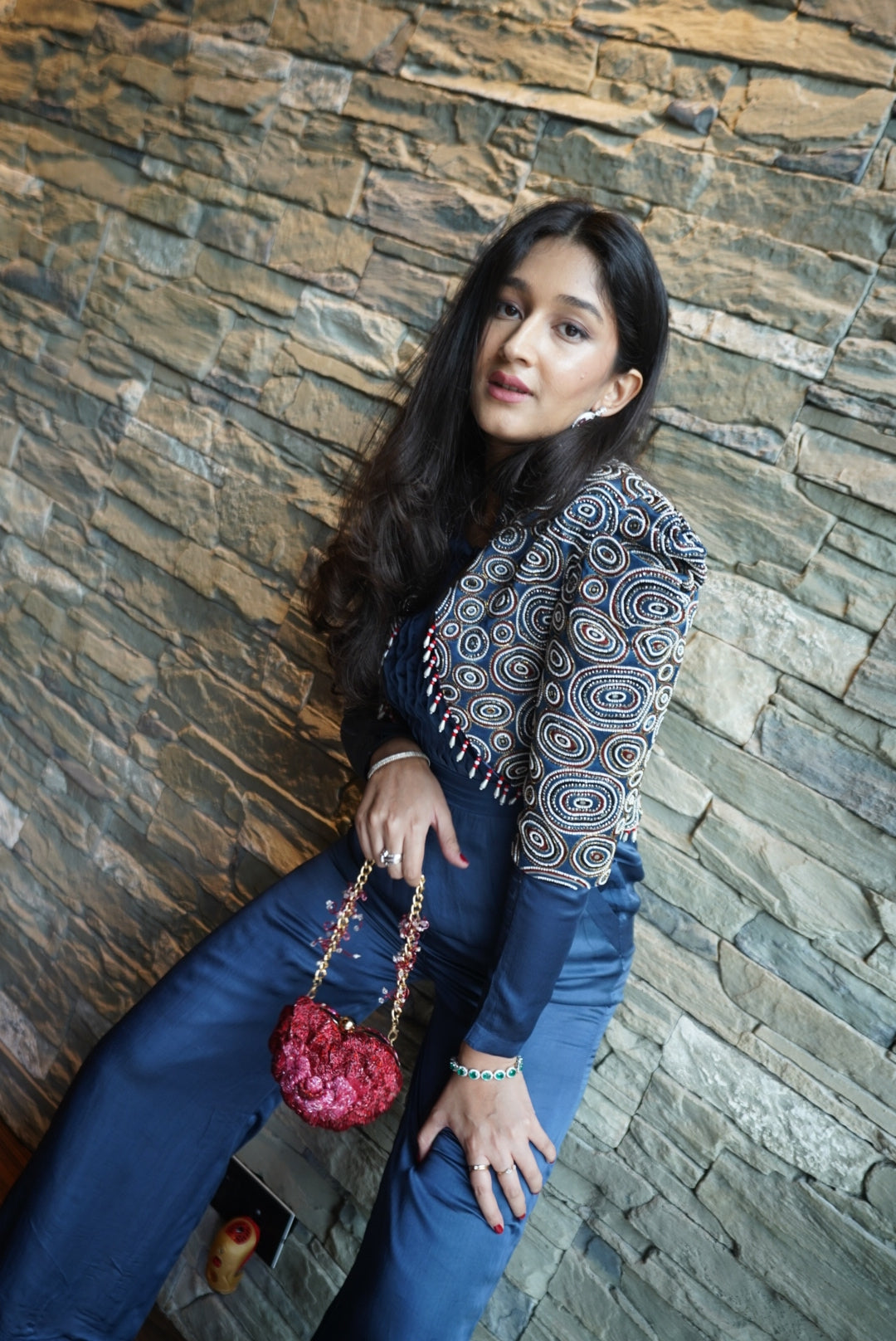 Seher Datta in Blue Jumpsuit with Embellished Ajrakh jacket