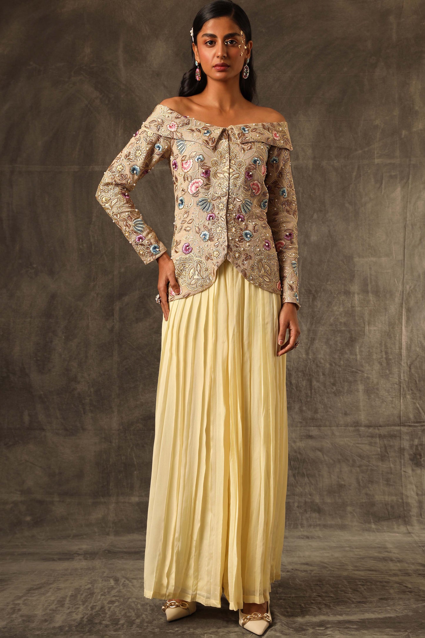 La Sabbia Off shoulder top with pleated skirt