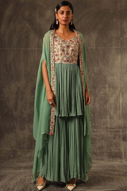 Zelenka Gathered top with gathered sharara and cape dupatta set