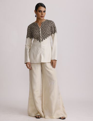 Ivory Ajrakh Patch Jacket with Straight Pants