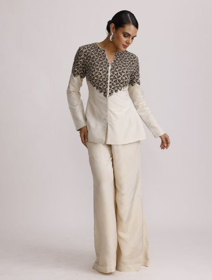 Ivory Ajrakh Patch Jacket with Straight Pants
