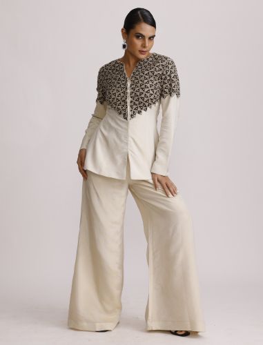 Ivory Ajrakh Patch Jacket with Straight Pants