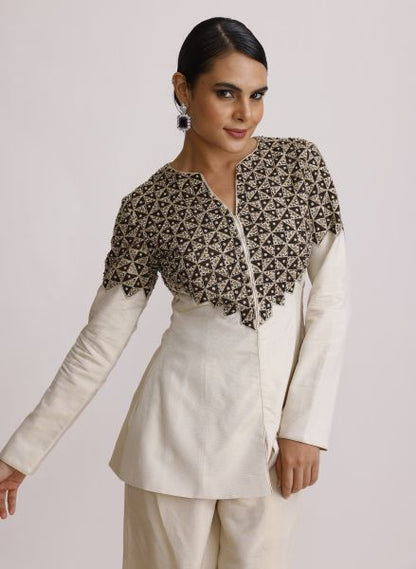 Ivory Ajrakh Patch Jacket with Straight Pants