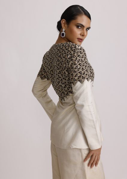 Ivory Ajrakh Patch Jacket with Straight Pants