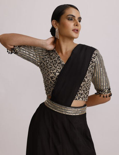 Black Ajrakh Blouse with One Side Slit and Pre Drape Pallu Skirt Along with Belt