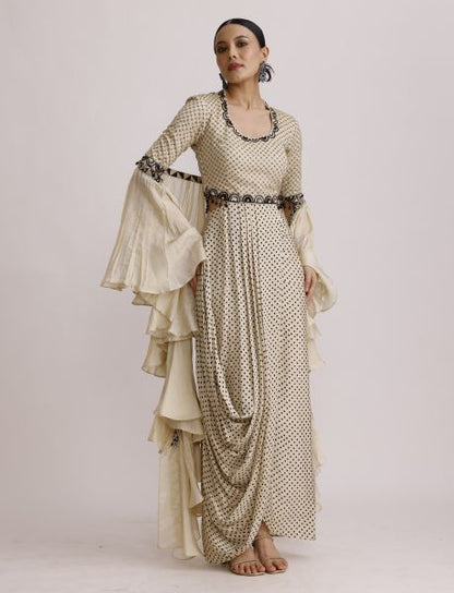 Ivory Draped One Piece with Ruffle Dupatta