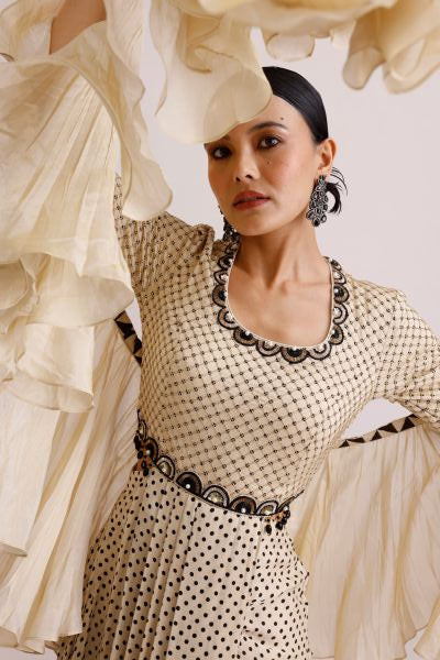 Ivory Draped One Piece with Ruffle Dupatta