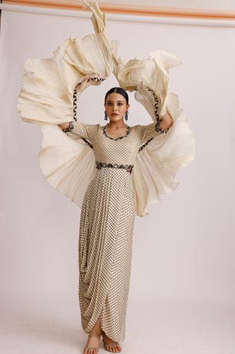 Ivory Draped One Piece with Ruffle Dupatta