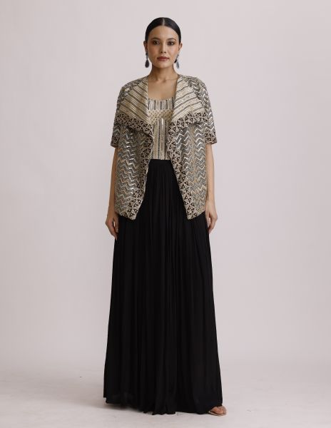 Black Ajrakh Corset Top and Jacket with Drape Skirt