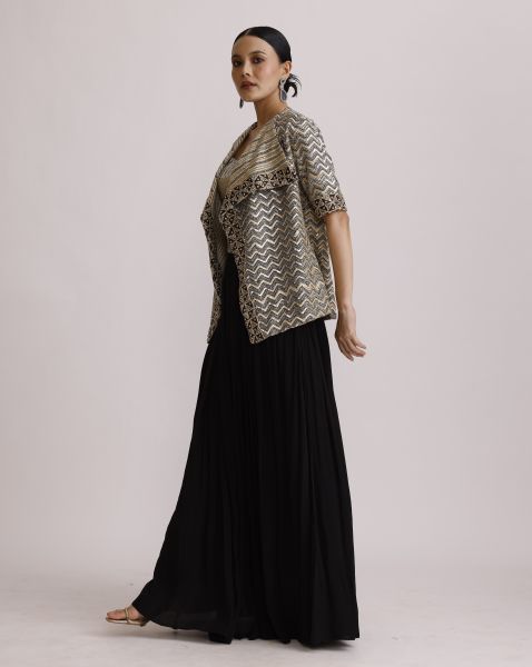 Black Ajrakh Corset Top and Jacket with Drape Skirt