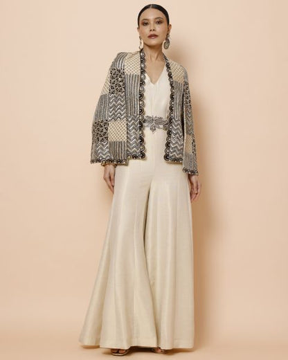 Ivory Jumpsuit with Belt and Cape Jacket