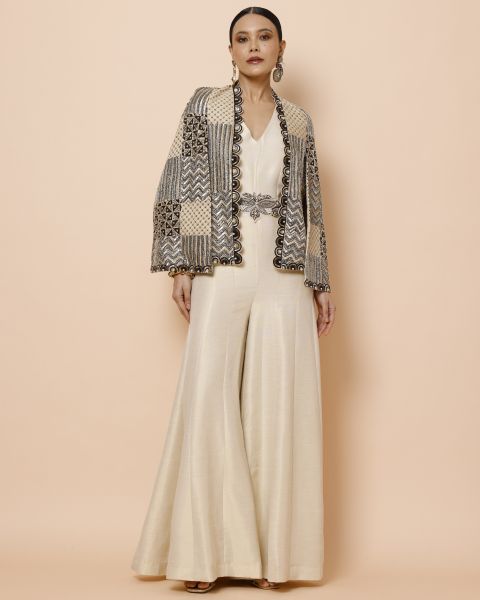 Ivory Jumpsuit with Belt and Cape Jacket