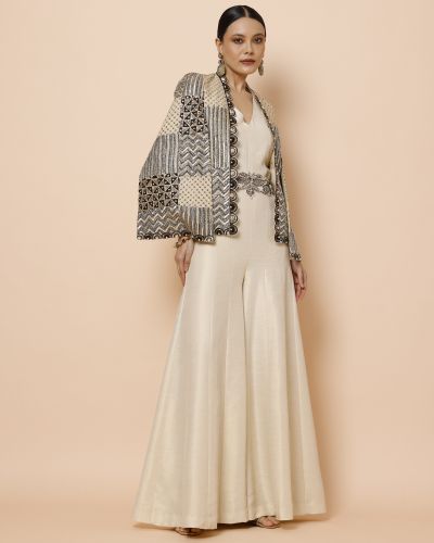 Ivory Jumpsuit with Belt and Cape Jacket