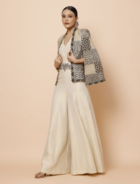 Ivory Jumpsuit with Belt and Cape Jacket