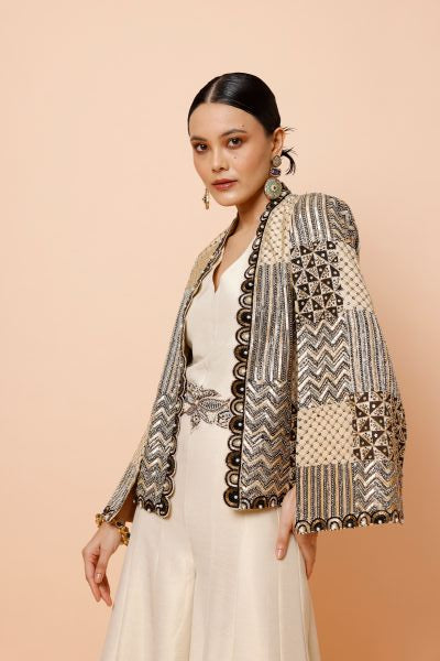 Ivory Jumpsuit with Belt and Cape Jacket